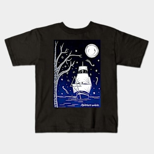 Adventure Awaits Enchanted Ship Linocut in Blue Kids T-Shirt